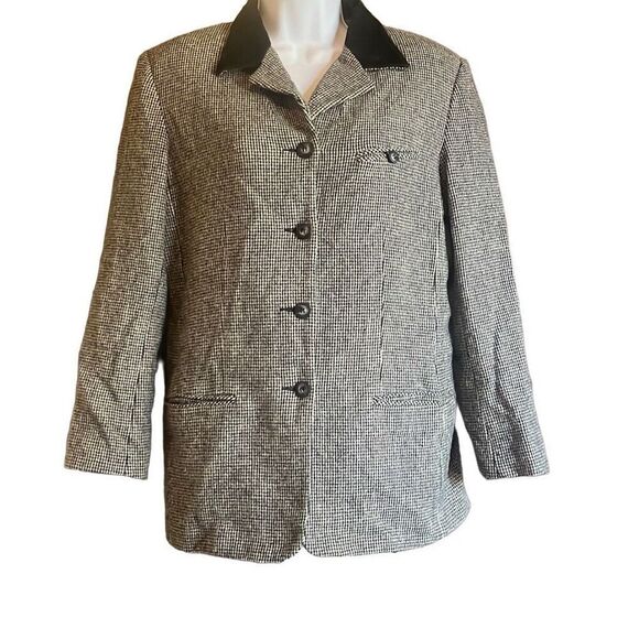 Hunt Club Vintage Black White Plaid Wool Blend Suede Collar Blazer 12 Equestrian - Picture 1 of 10